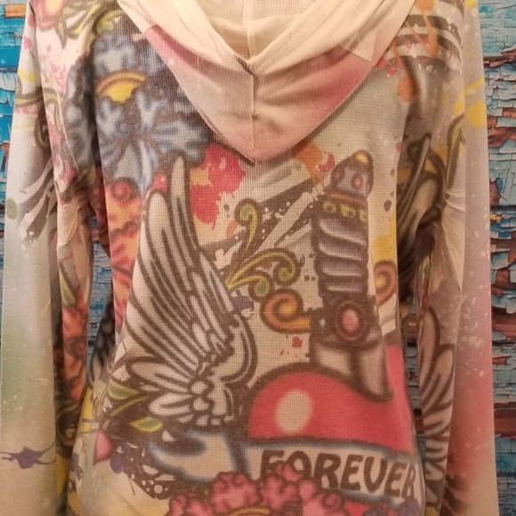 Wet Seal White with Tattoo Print Hooded Jacket - Picture 4 of 8